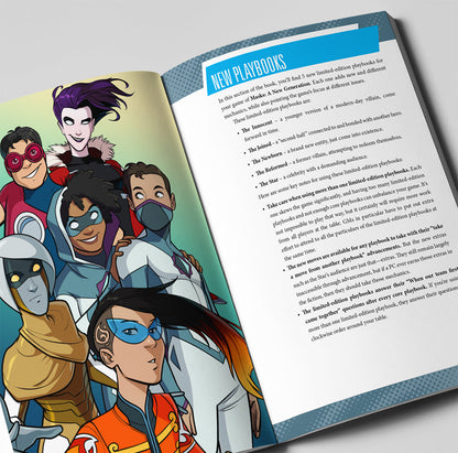 An open book shows a diverse group of superheroes on the left page and 'New Playbooks' text on the right.