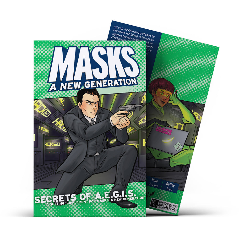 Masks: Secrets of A.E.G.I.S. RPG supplement. Front: Agent aiming pistol. Back: Goggled hacker with laptop.
