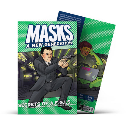 Masks: Secrets of A.E.G.I.S. RPG supplement. Front: Agent aiming pistol. Back: Goggled hacker with laptop.