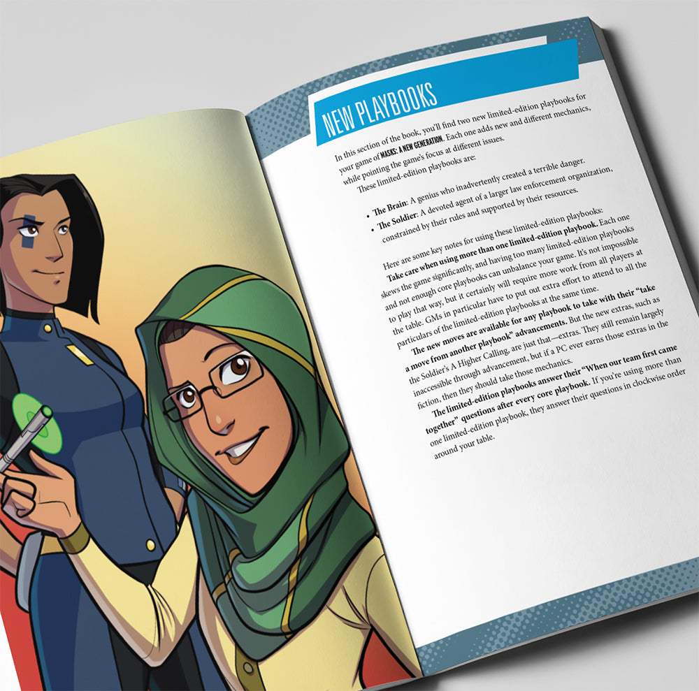 An open game rulebook showing "New Playbooks" text and a smiling woman in a green hijab and glasses pointing a pen.