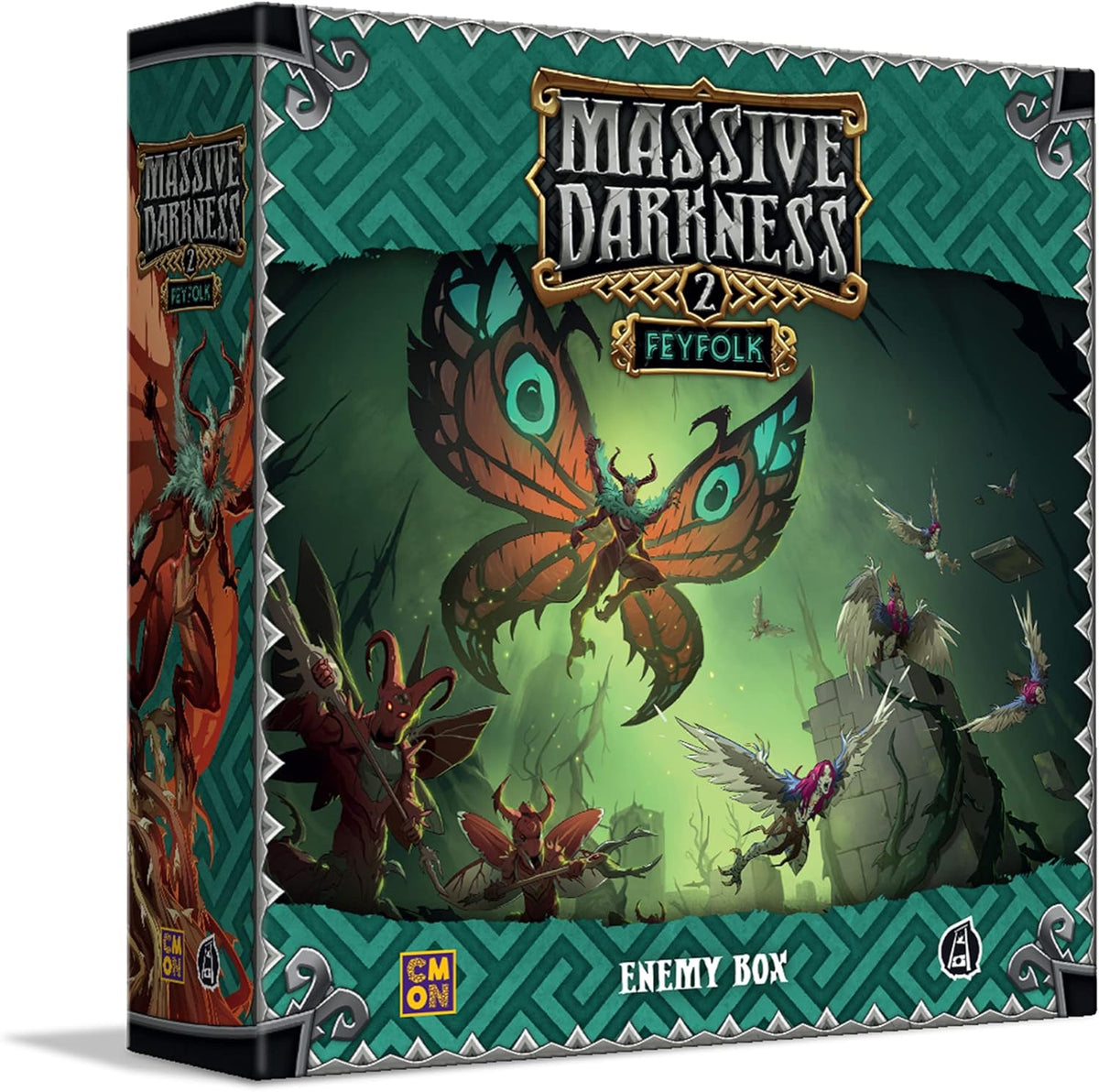 Massive Darkness 2: Feyfolk box cover showing a horned, moth-like fey creature flying above other enemies