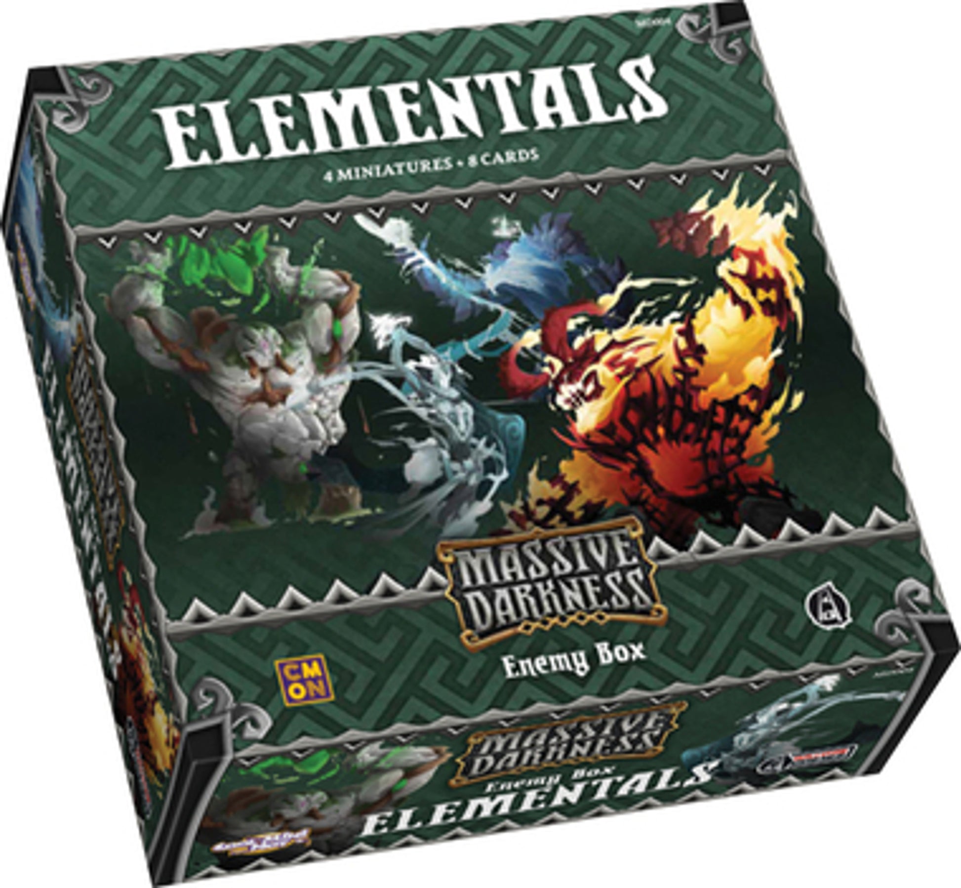 Massive Darkness Elementals Enemy Box: Green earth elemental battling a red fire elemental
