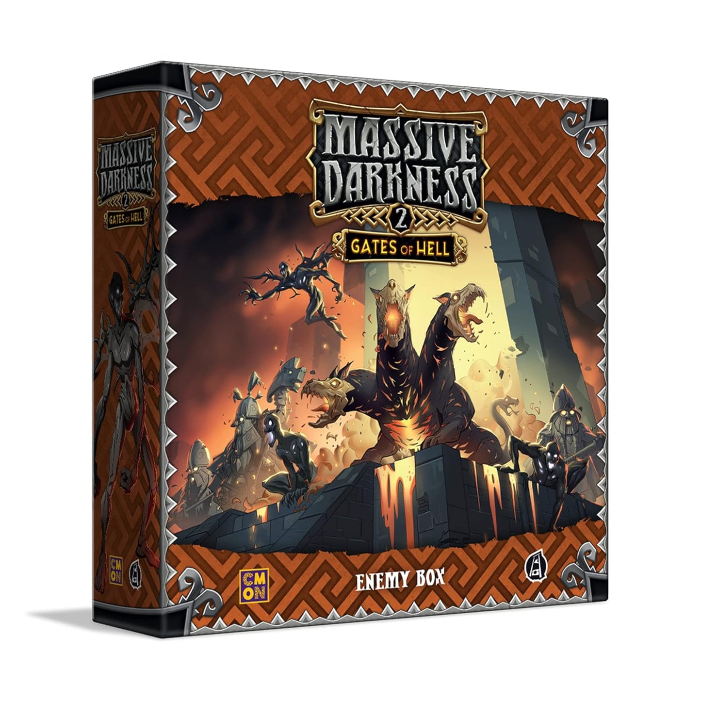 Massive Darkness 2:  Gates of Hell Enemy Box showing a multi-headed lava beast battling shadowy demons in a fiery setting