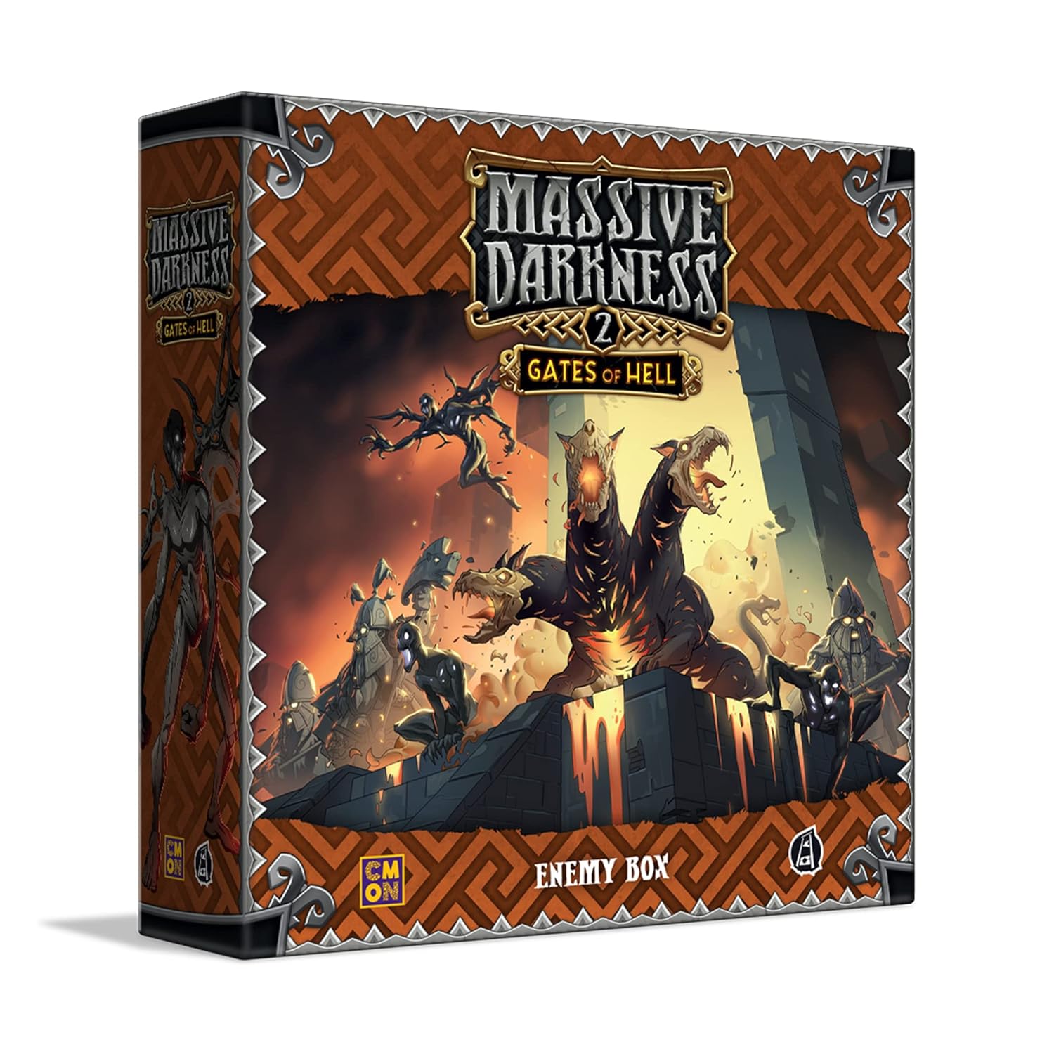 Massive Darkness 2:  Gates of Hell Enemy Box showing a multi-headed lava beast battling shadowy demons in a fiery setting