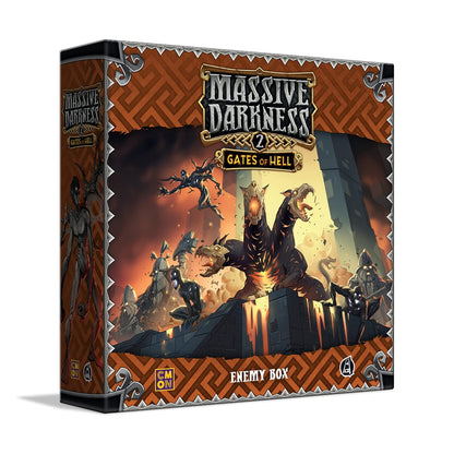 Massive Darkness 2:  Gates of Hell Enemy Box showing a multi-headed lava beast battling shadowy demons in a fiery setting