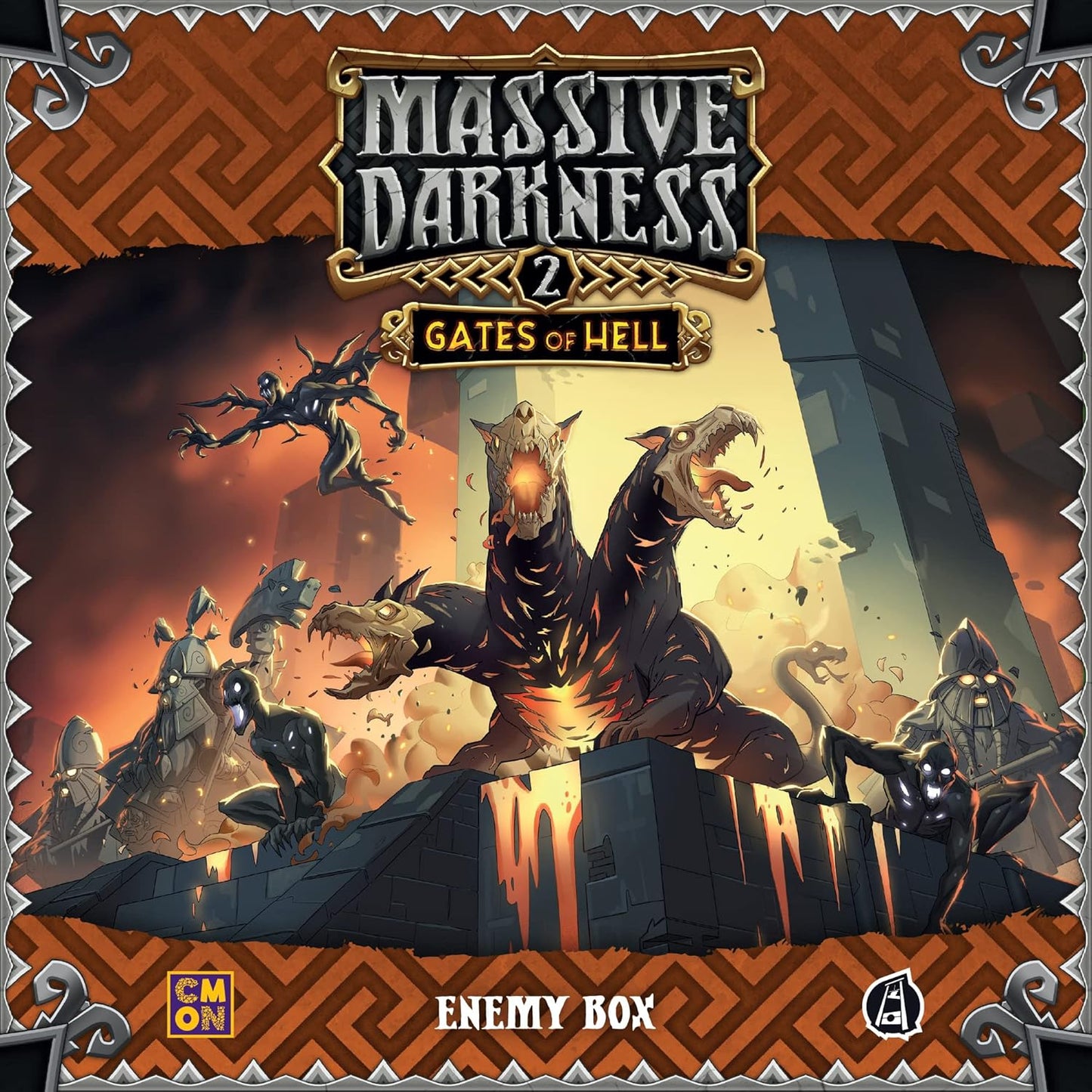 Massive Darkness 2: Gates of Hell enemy box art. A giant two-headed beast and shadowy demons erupt from a fiery hellscape