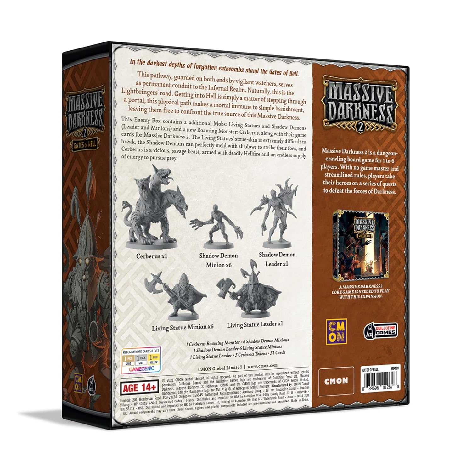Back of Massive Darkness 2: Gates of Hell board game box, with unpainted Cerberus, demon, and statue miniatures
