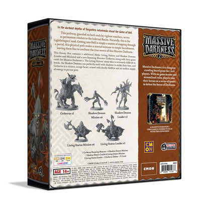 Back of Massive Darkness 2: Gates of Hell board game box, with unpainted Cerberus, demon, and statue miniatures
