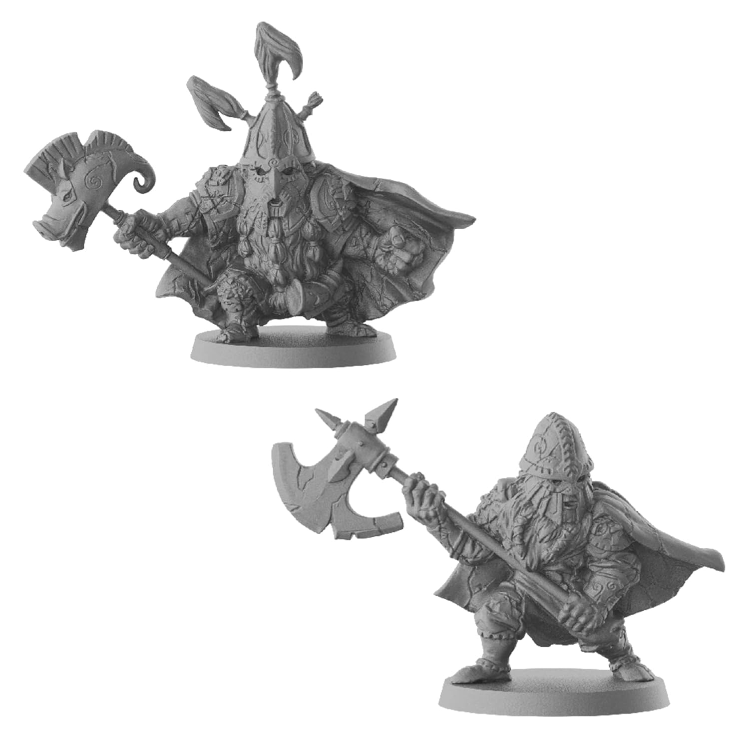 Two unpainted grey dwarf warrior miniatures in dynamic poses: one with a boar-headed hammer, the other with a double axe
