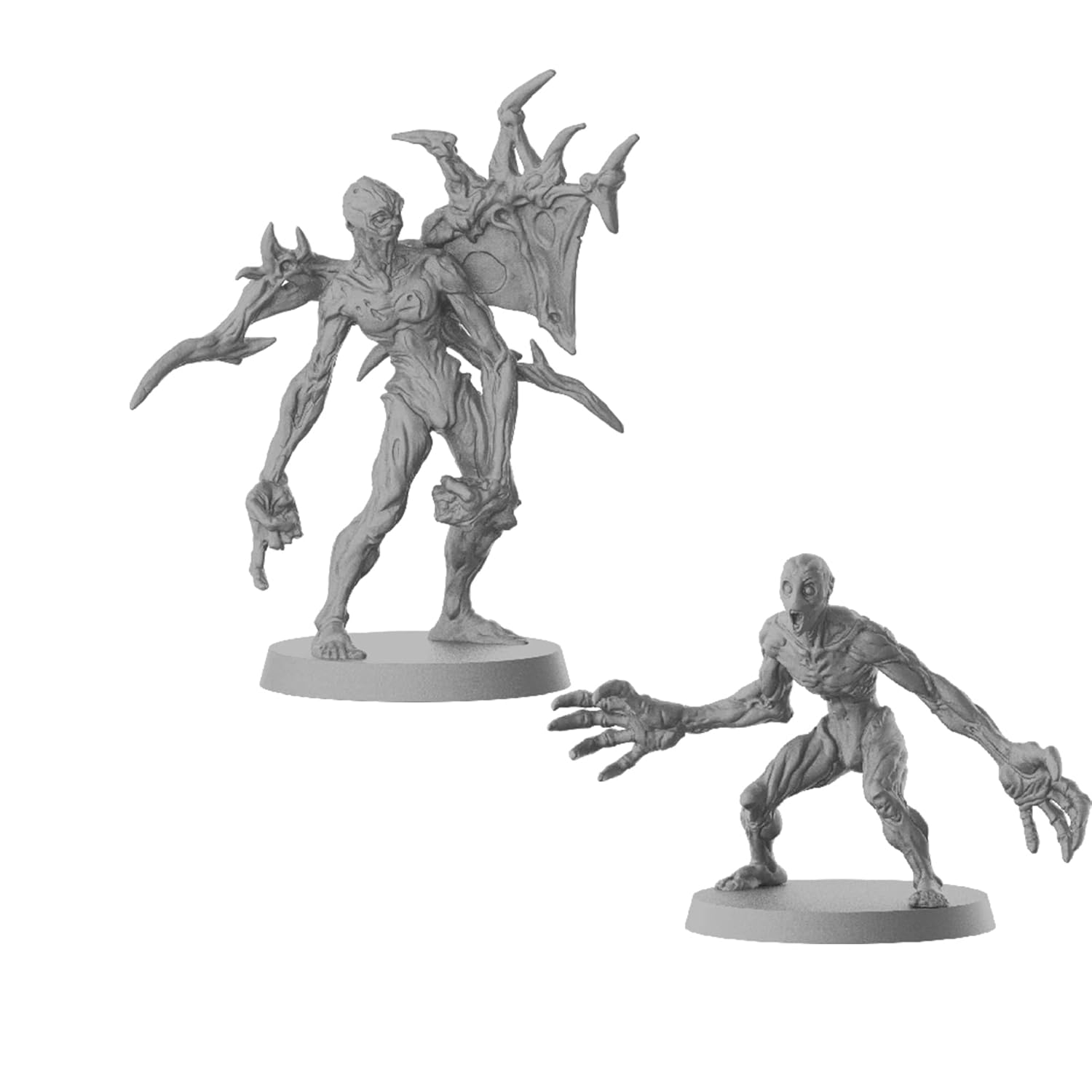 Two grey unpainted miniatures: a spiky creature with back plates, and a smaller monster with huge clawed hands and a screaming face