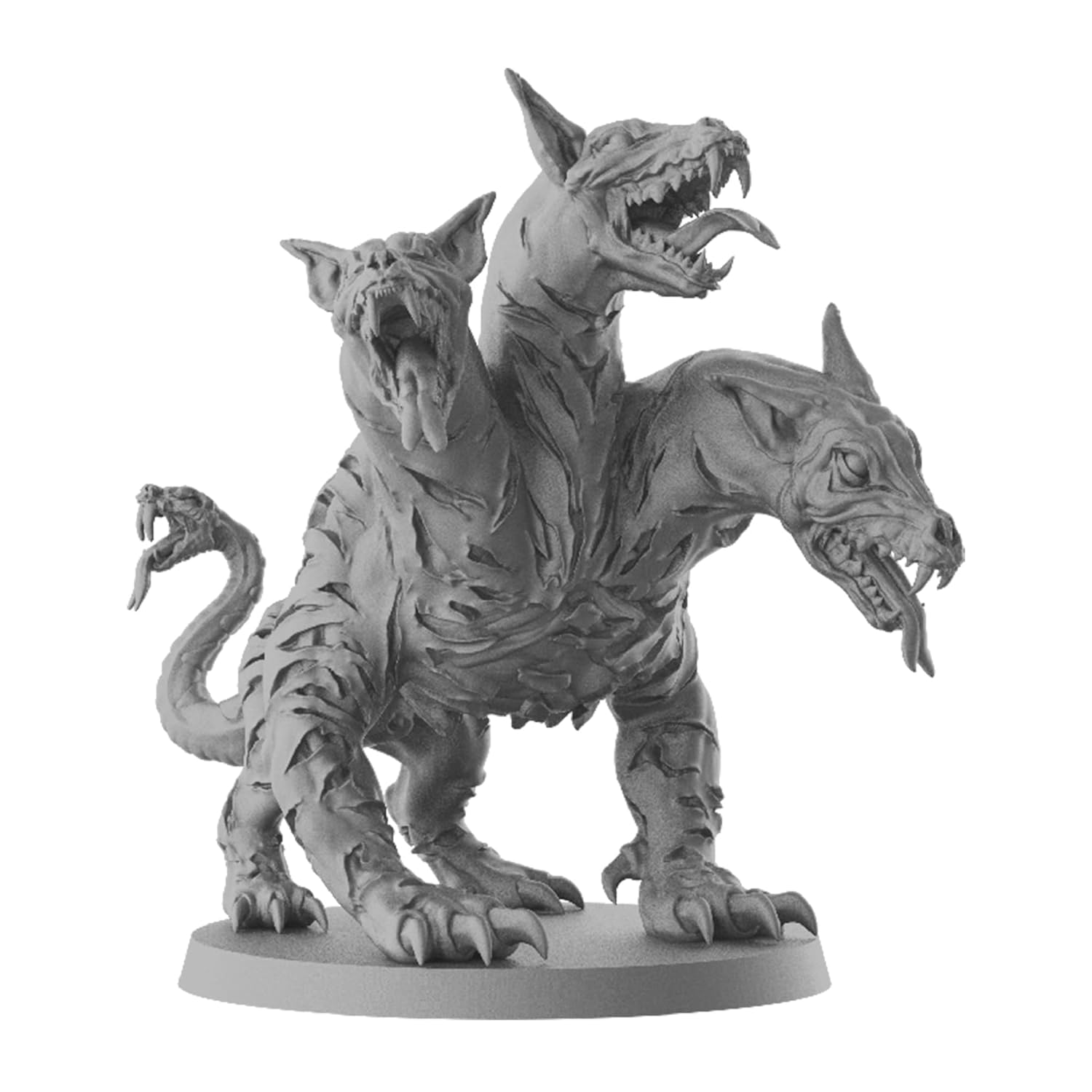 Grayscale Cerberus miniature with three snarling dog heads, exposed fangs, and a snake-headed tail, on a round base