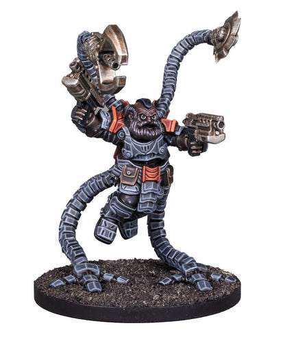 A miniature of a stout, bearded character in gray armor, with robotic limbs holding a large wrench and a pistol
