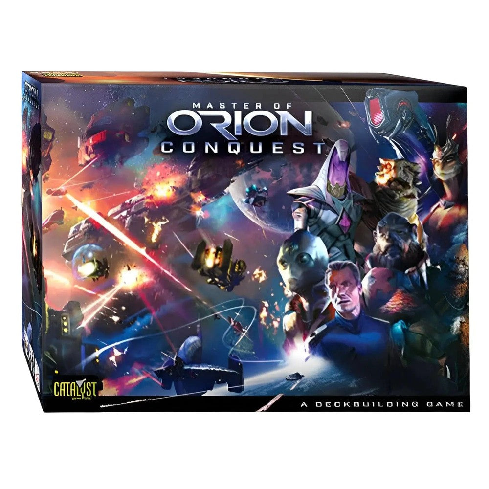 Master of Orion Conquest deckbuilding game box front art depicts a chaotic space battle with ships firing, explosions, and diverse alien characters