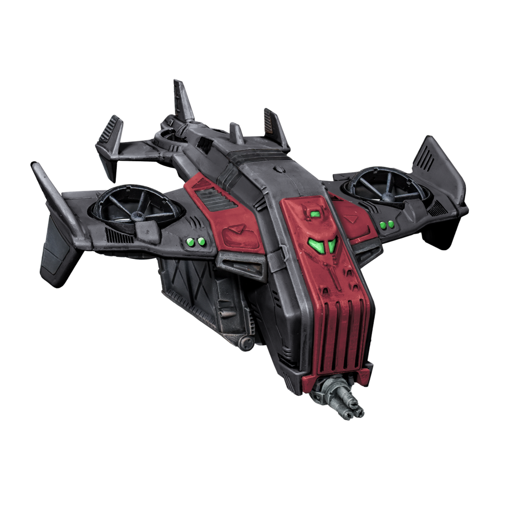 A black and red futuristic combat aircraft with ducted fans, glowing green lights and a gatling gun