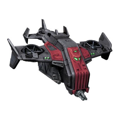 A black and red futuristic combat aircraft with ducted fans, glowing green lights and a gatling gun