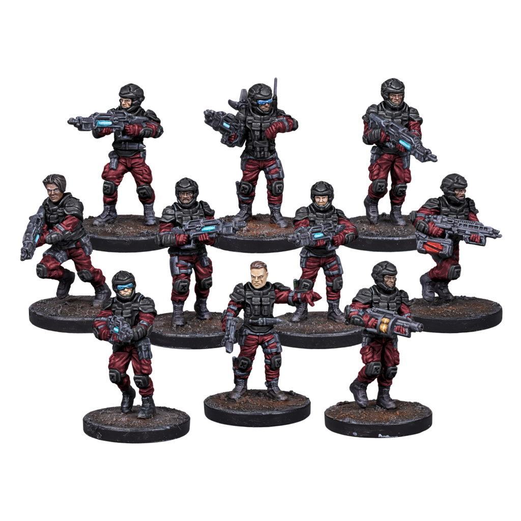 Ten miniature sci-fi soldiers in black and red armor, holding futuristic weapons with blue glowing details