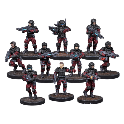 Ten miniature sci-fi soldiers in black and red armor, holding futuristic weapons with blue glowing details