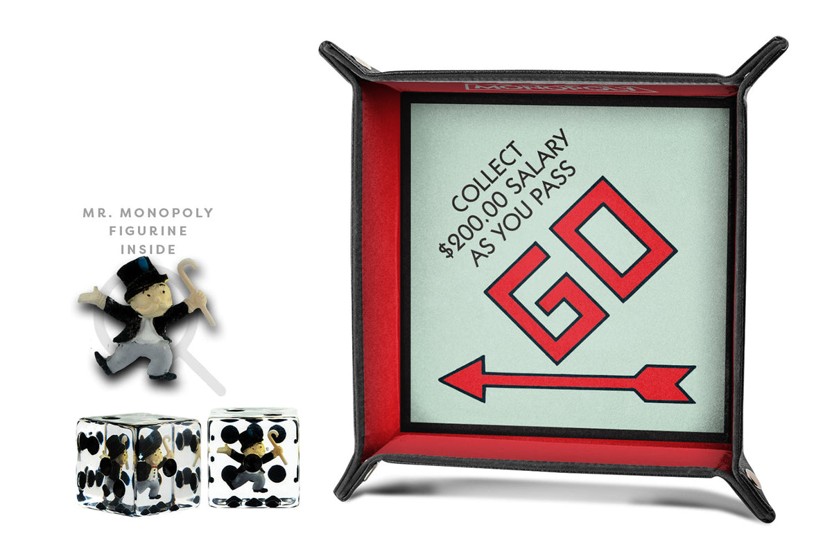 Monopoly dice tray with &quot;GO&quot; space, Mr. Monopoly figurine, and two custom dice
