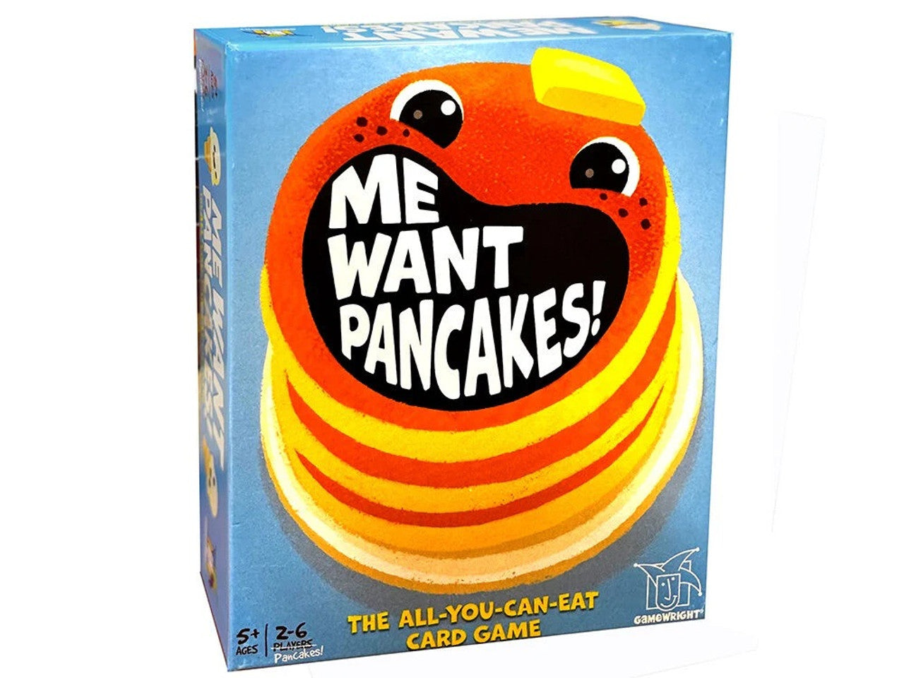 Me Want Pancakes! card game box, featuring a wide-mouthed pancake character with butter