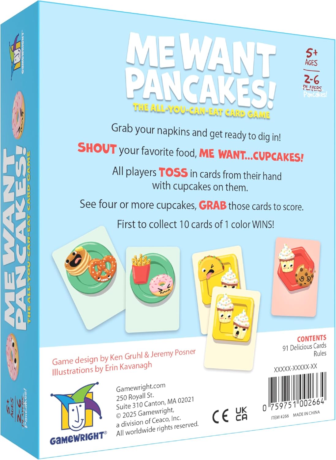 Back of "Me Want Pancakes!" card game box, light blue, showing game rules, player info and colorful food illustration cards