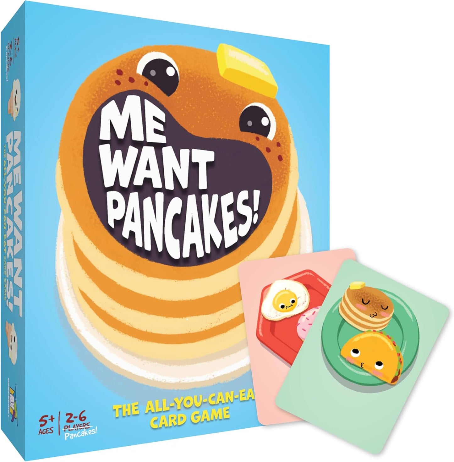 Me Want Pancakes! card game box. Cover shows a cartoon pancake stack with a wide mouth shouting the title. Two game cards with cute food are visible
