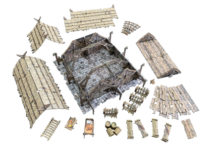 Modular medieval building tabletop terrain pieces, including thatched roofs, stone floor, wooden walls, and accessories.