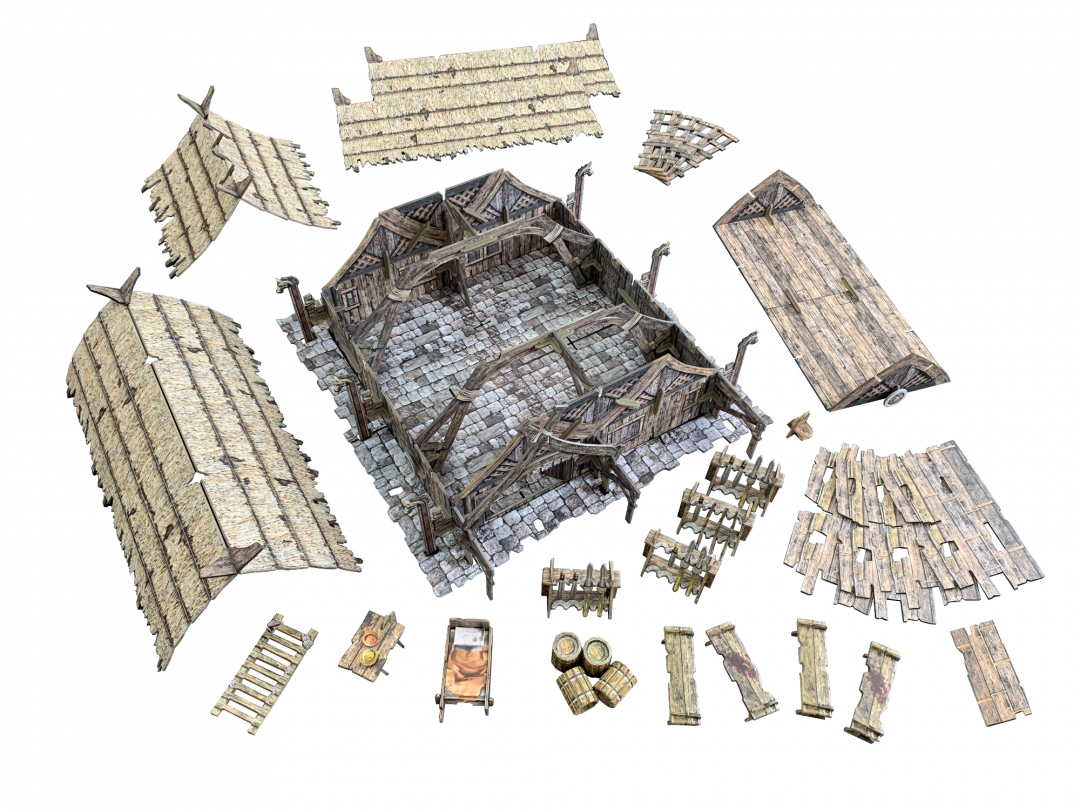 Modular medieval building tabletop terrain pieces, including thatched roofs, stone floor, wooden walls, and accessories.