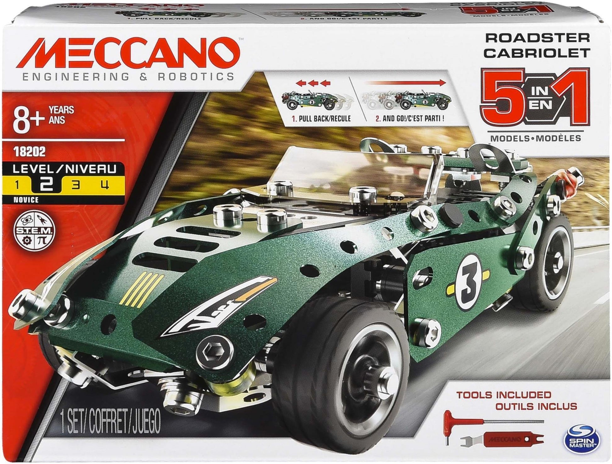 Meccano 5-in-1 Roadster Cabriolet kit box showing a green & silver car with number 3, highlighting pull back action