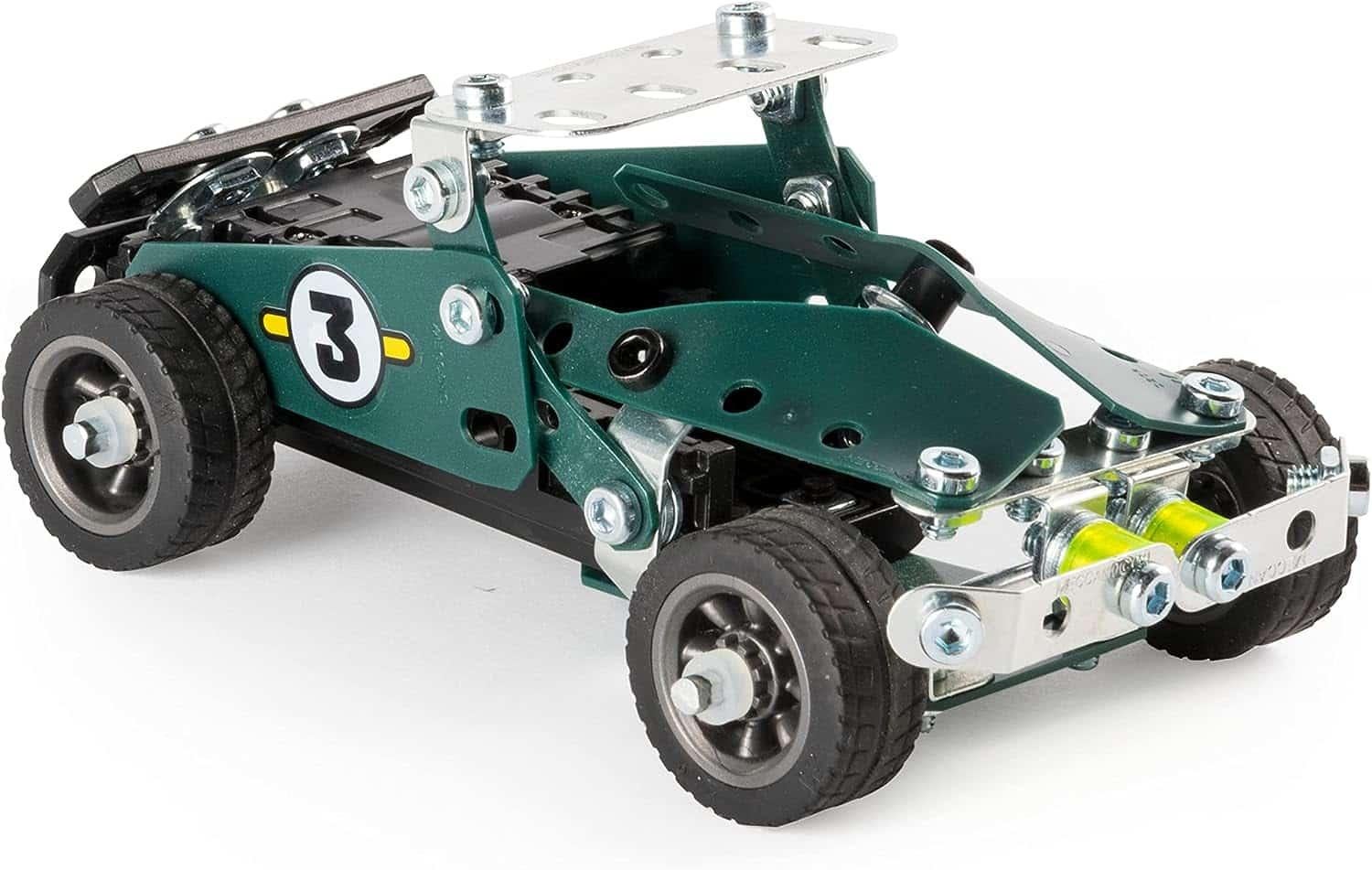 A dark green model race car built from a construction kit with the number 3 on its side and metallic details