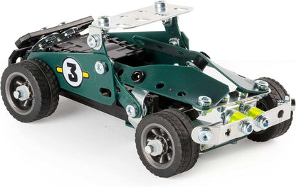 A dark green model race car built from a construction kit with the number 3 on its side and metallic details