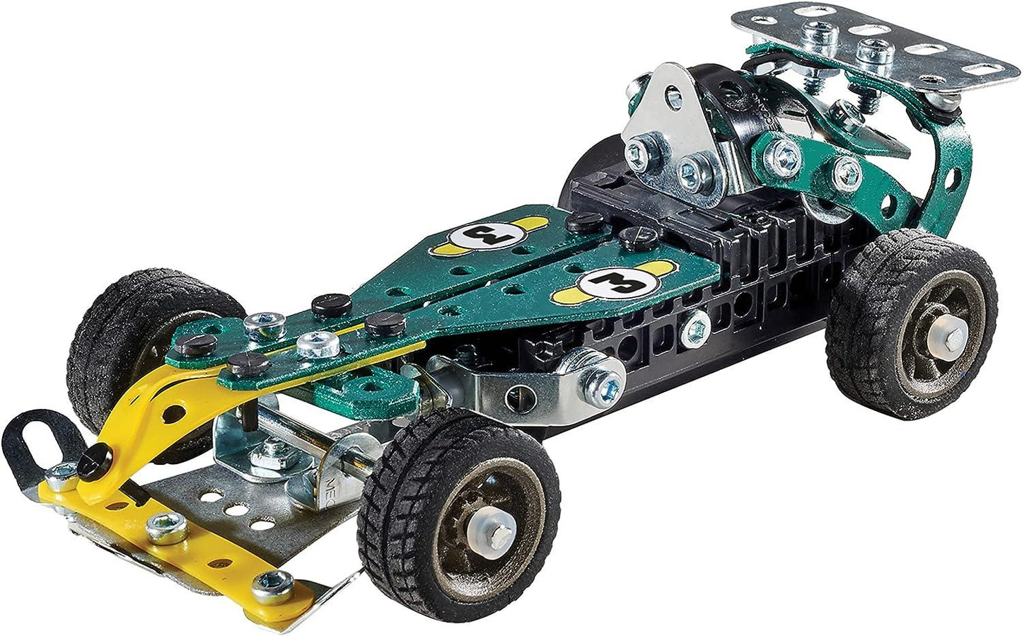 A green and yellow Meccano-style model race car, assembled with metal plates, nuts and bolts, featuring number 3 decals