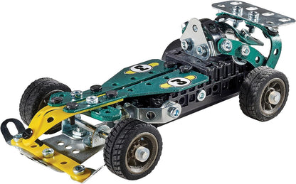 A green and yellow Meccano-style model race car, assembled with metal plates, nuts and bolts, featuring number 3 decals
