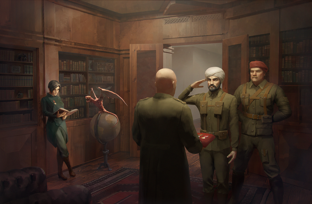 A bald officer faces two saluting soldiers in a wood-paneled library. A woman reads nearby, a red dragon sits on a globe.