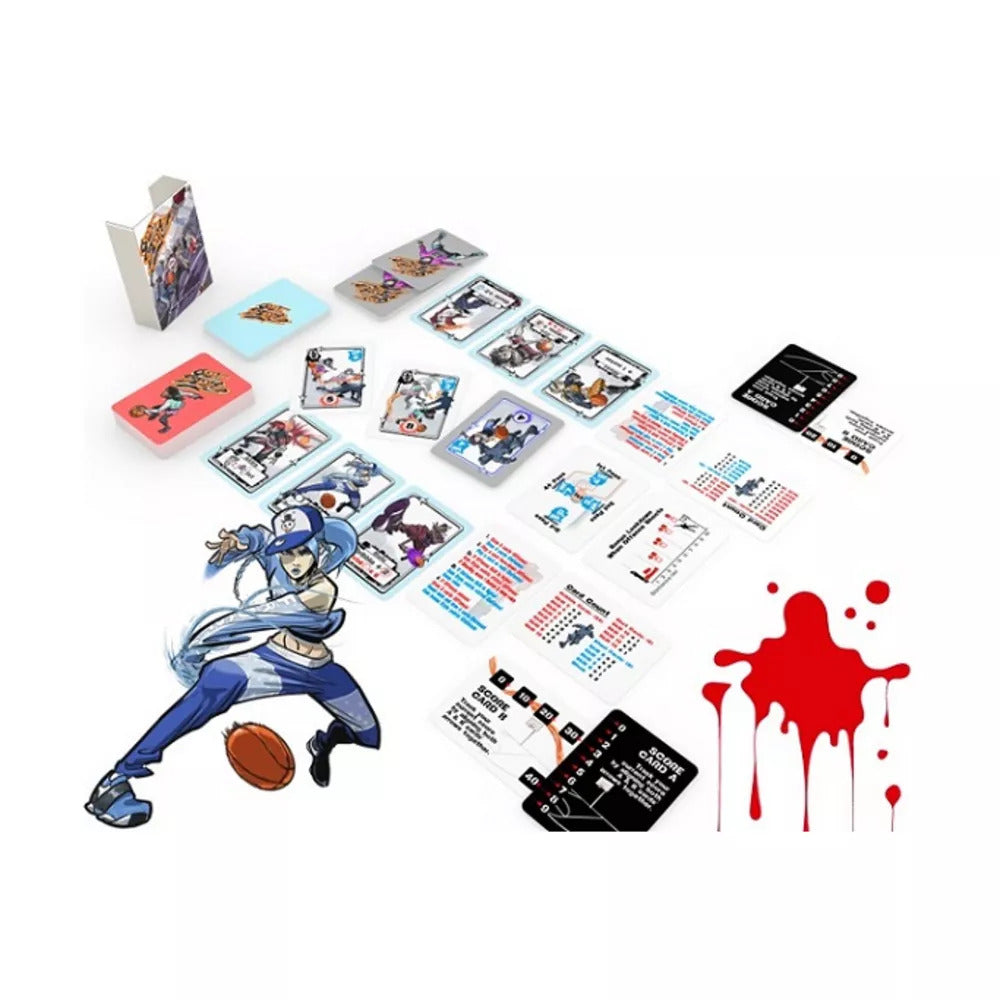 Anime-style character dribbling a basketball, surrounded by game cards, score sheets, and a red splat on white.
