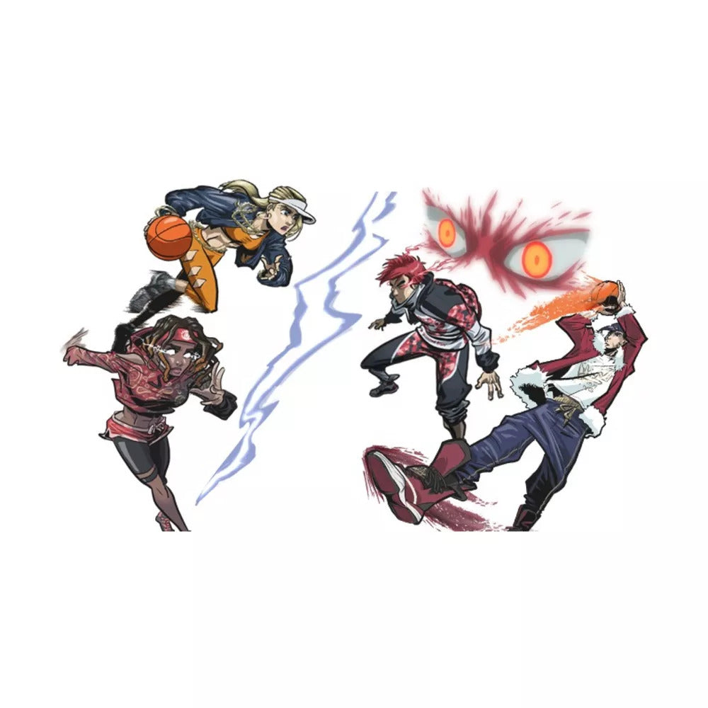 Four stylized basketball players face off. A woman dribbles, a man shoots a fiery ball. Lightning divides them under menacing red eyes.