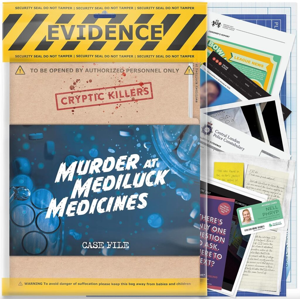 Murder at Mediluck Medicines case file sealed in a yellow/black "EVIDENCE" bag with supporting crime documents