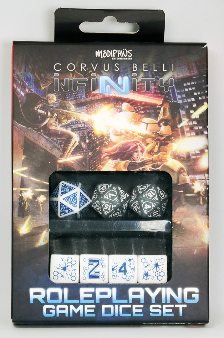 Modiphius Infinity RPG Dice Set packaging with a vibrant sci-fi battle scene and assorted polyhedral dice