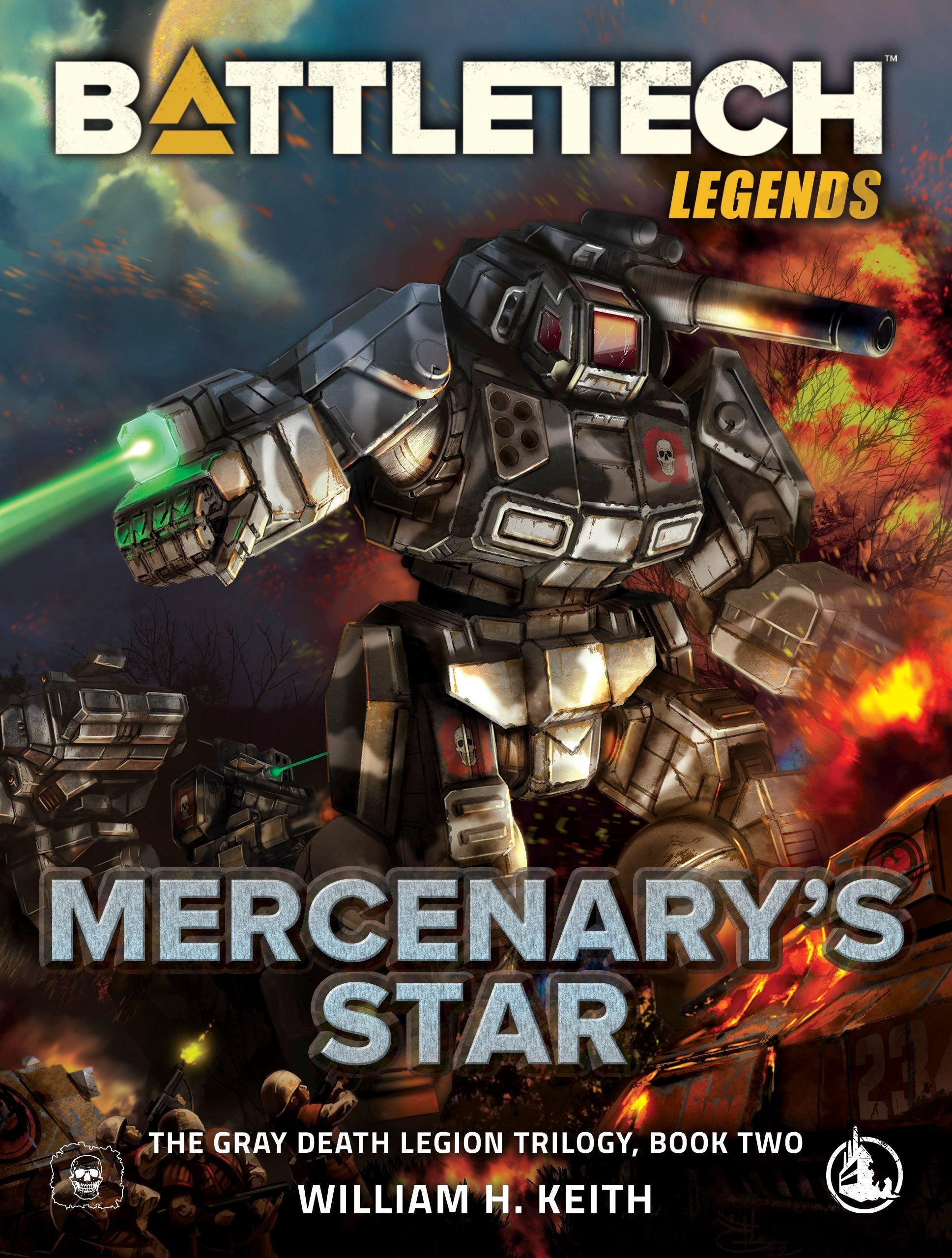 A grey BattleMech with a skull emblem fires a bright green laser, surrounded by fire and smoke on a BattleTech book cover