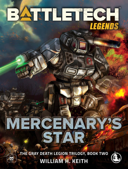 A grey BattleMech with a skull emblem fires a bright green laser, surrounded by fire and smoke on a BattleTech book cover
