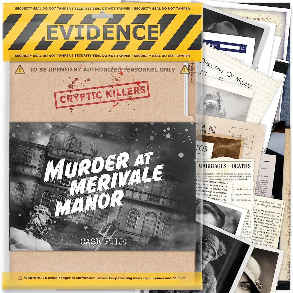 EVIDENCE bag for "Cryptic Killers: Murder at Merivale Manor" case file, with documents and photos spilling out