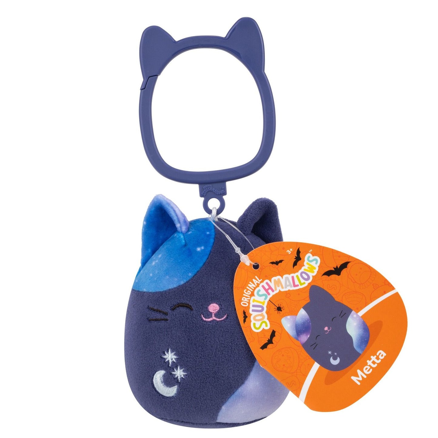 Dark blue plush cat keychain with celestial print spots, embroidered stars and moon, and a plastic cat-ear shaped clip with tag