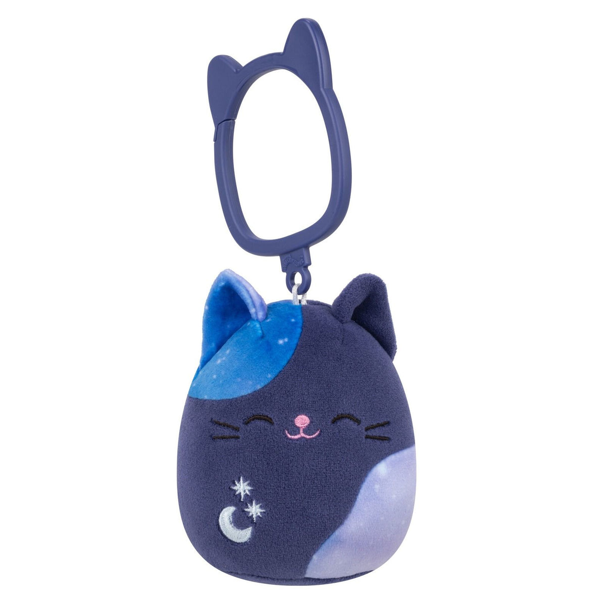Dark blue plush cat keychain with celestial print spots, embroidered stars and moon, and a plastic cat-ear shaped clip