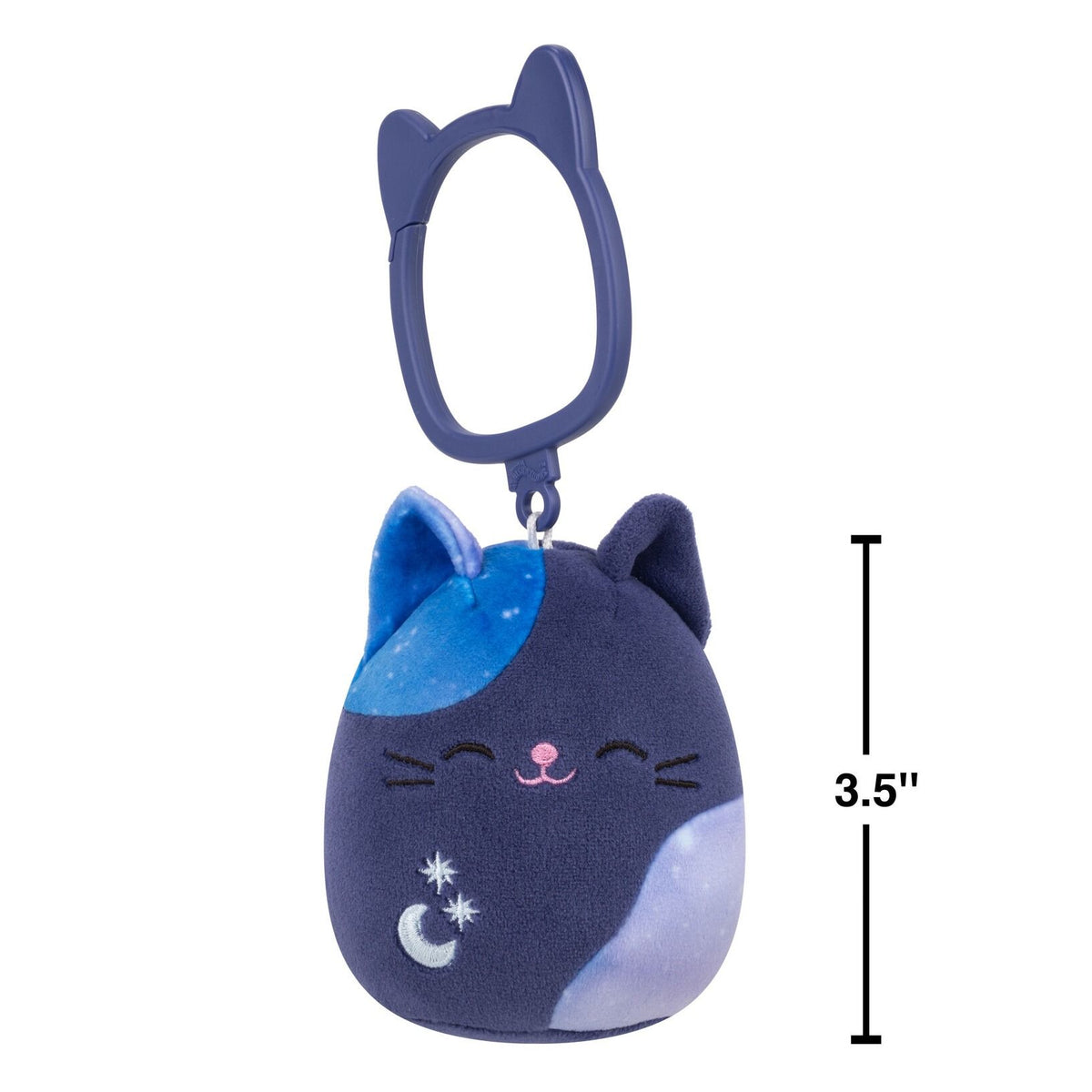 Dark blue plush cat keychain with celestial print spots, embroidered stars and moon, and a plastic cat-ear shaped clip with showing dimension
