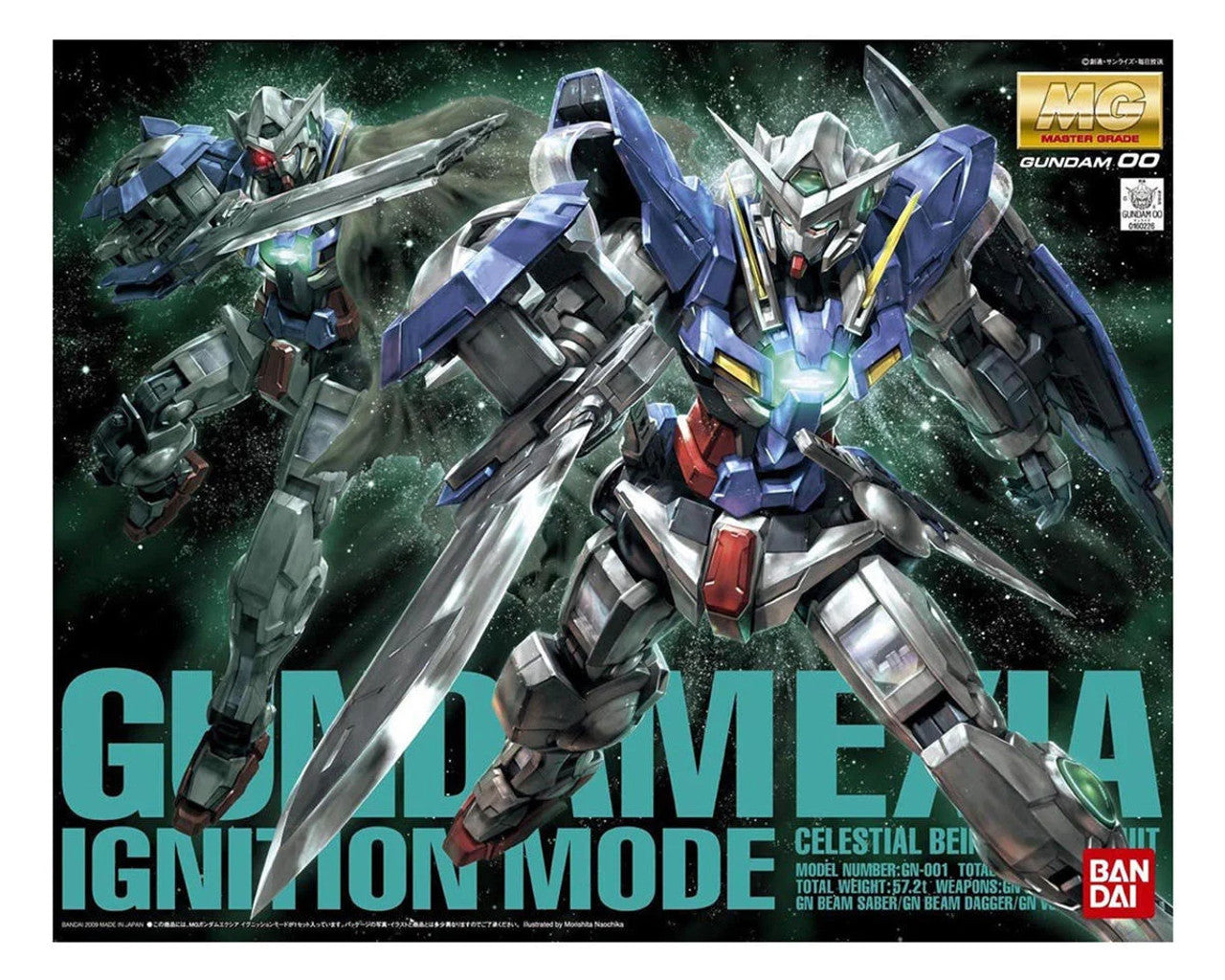 Master Grade Gundam Exia Ignition Mode box art, A blue/white/gray robot with a glowing chest holds a sword; another behind it
