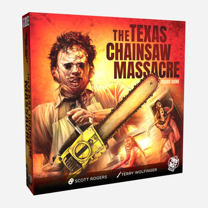 The Texas Chainsaw Massacre Board Game box featuring Leatherface with a chainsaw and screaming victims in a horror-themed design