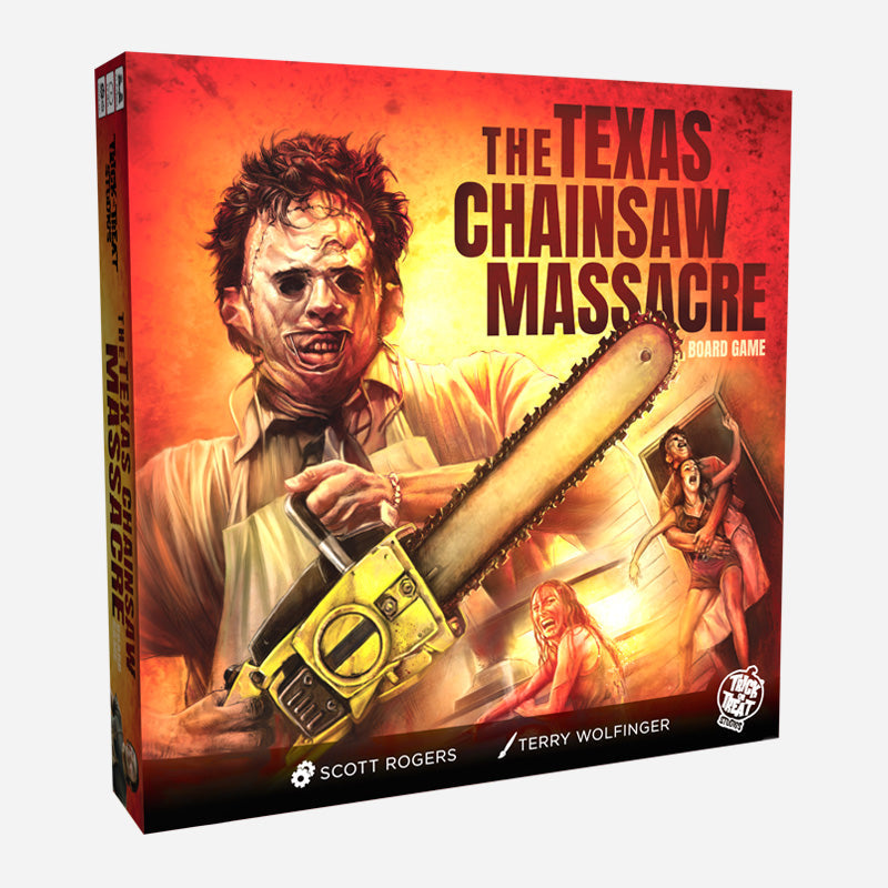 The Texas Chainsaw Massacre Board Game box featuring Leatherface with a chainsaw and screaming victims in a horror-themed design