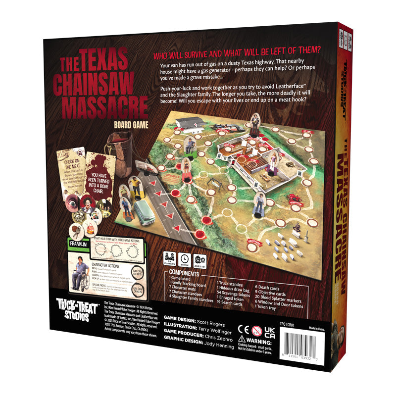 The Texas Chainsaw Massacre Board Game back showing game board character cards and component list for the horror-themed tabletop game