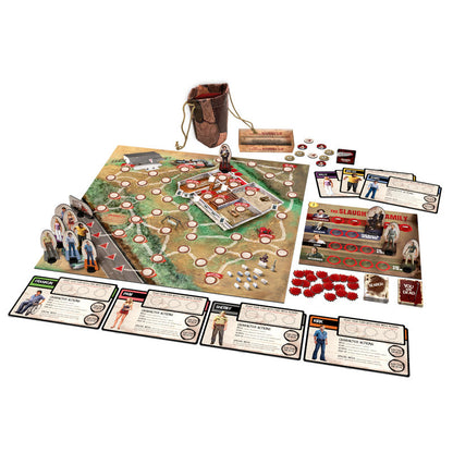 The Texas Chainsaw Massacre Family board game featuring Leatherface figure character standees game board with house and outdoor paths and various game cards including You're Dead and Search