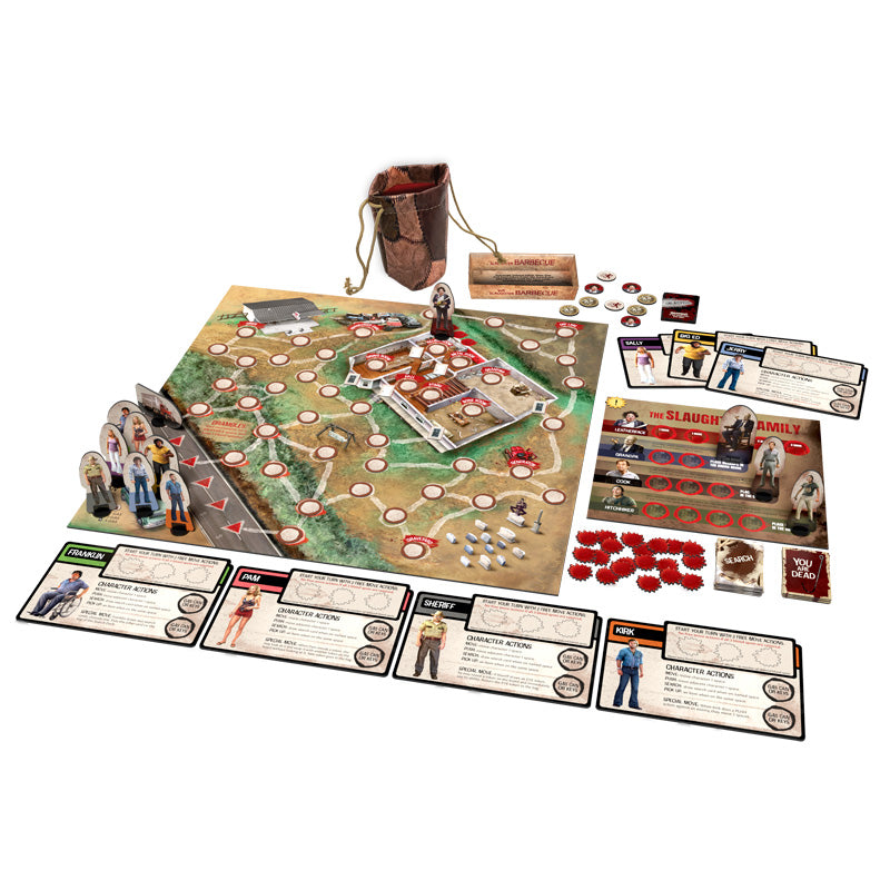 The Texas Chainsaw Massacre Family board game featuring Leatherface figure character standees game board with house and outdoor paths and various game cards including You&#39;re Dead and Search