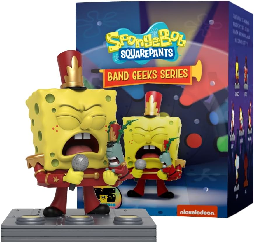 Spongebob Band Geeks Series vinyl figure in red marching uniform, singing with Plankton on a display stage base